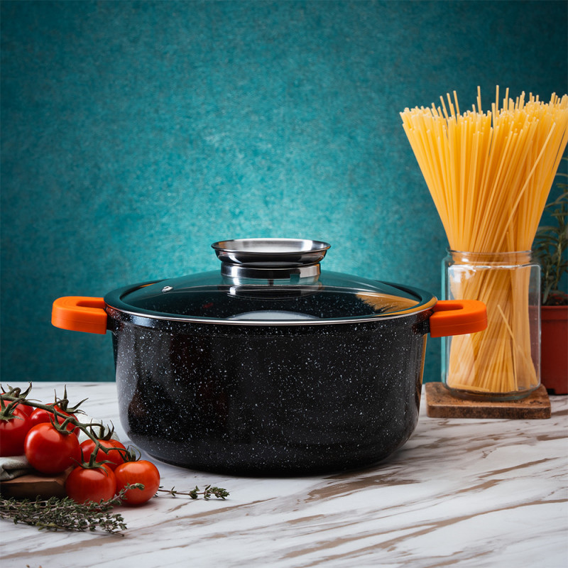 Съд за печене-ростер Oliver Voltz OV54323C28A, 28х11 см, 6.5 л, Стъклен капак, Мраморно покритие, Индукция, Черен