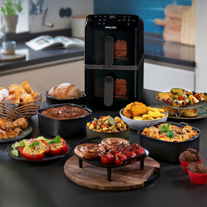 Двоен вертикален фритюрник с горещ въздух Philips Dual Stack 4000 NA460/00, 2750W, 10 л, 13 програми, 40-220°C, Синхронизация, Керамично покритие без PFAS, Прозорец, Черен