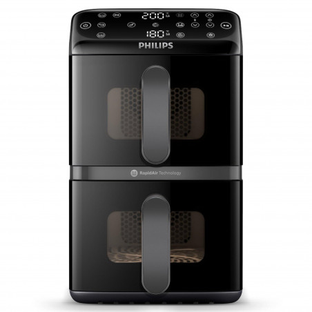 Двоен вертикален фритюрник с горещ въздух Philips Dual Stack 4000 NA460/00, 2750W, 10 л, 13 програми, 40-220°C, Синхронизация, Керамично покритие без PFAS, Прозорец, Черен