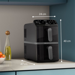 Двоен вертикален фритюрник с горещ въздух Philips Dual Stack 4000 NA460/00, 2750W, 10 л, 13 програми, 40-220°C, Синхронизация, Керамично покритие без PFAS, Прозорец, Черен