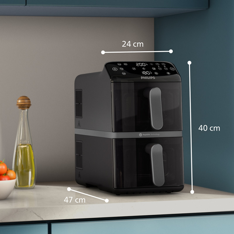 Двоен вертикален фритюрник с горещ въздух Philips Dual Stack 4000 NA460/00, 2750W, 10 л, 13 програми, 40-220°C, Синхронизация, Керамично покритие без PFAS, Прозорец, Черен
