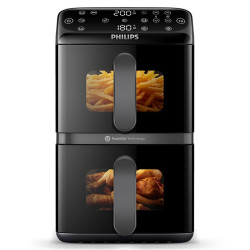 Двоен вертикален фритюрник с горещ въздух Philips Dual Stack 4000 NA460/00, 2750W, 10 л, 13 програми, 40-220°C, Синхронизация, Керамично покритие без PFAS, Прозорец, Черен