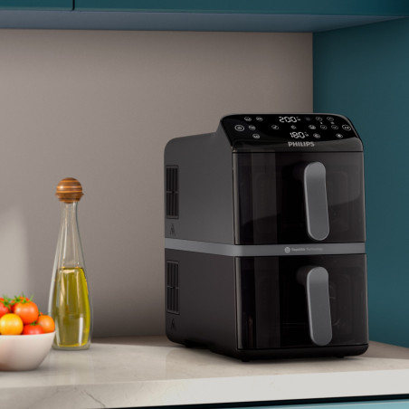 Двоен вертикален фритюрник с горещ въздух Philips Dual Stack 4000 NA460/00, 2750W, 10 л, 13 програми, 40-220°C, Синхронизация, Керамично покритие без PFAS, Прозорец, Черен