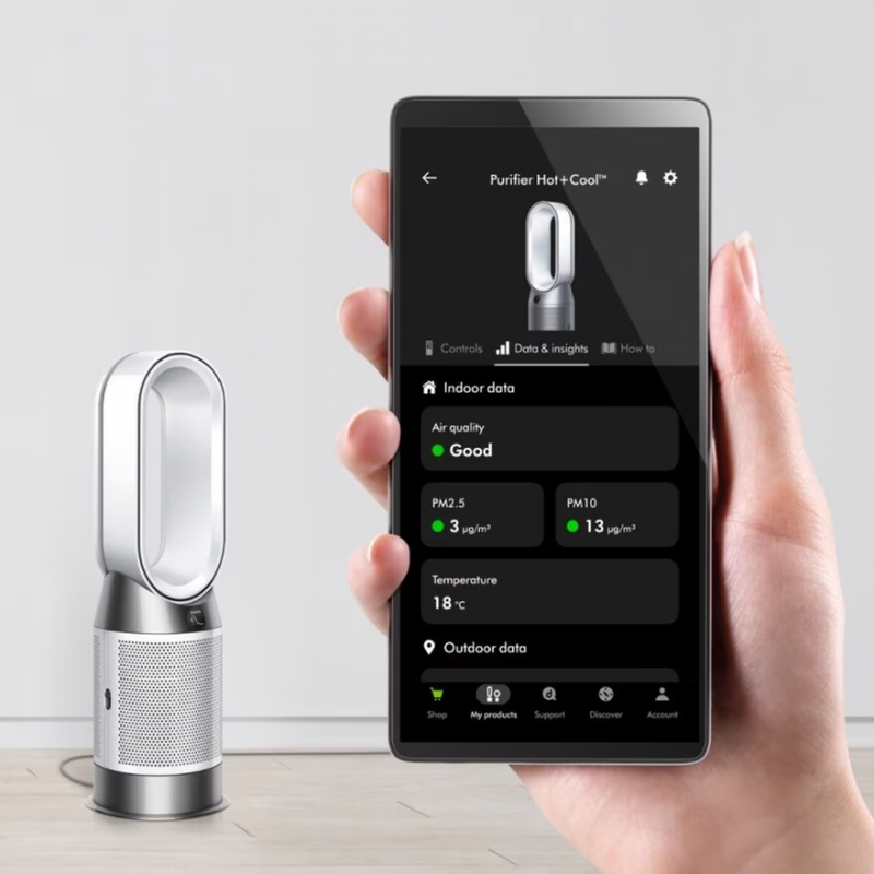 Пречиствател въздух 2в1 Dyson Purifier Hot+Cool HP1 544826-01, Отоплител, 50W, 30 м2, 287 l/s, 10 скорости, Air Multiplier™, Wi-Fi, Bluetooth, Осцилация, Бял/сребрист