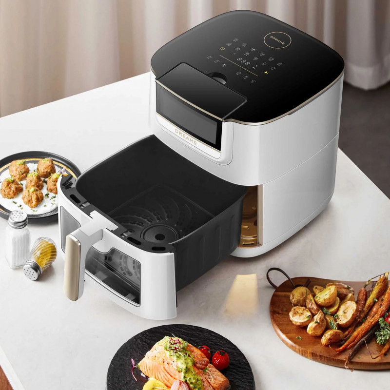 Фритюрник с горещ въздух Dreame AF30, 2300W, 7 л, 12 програми, 50-200°C, Dual-Source Cyclonic Heat, SmartSteam, LED, NTC, Бял