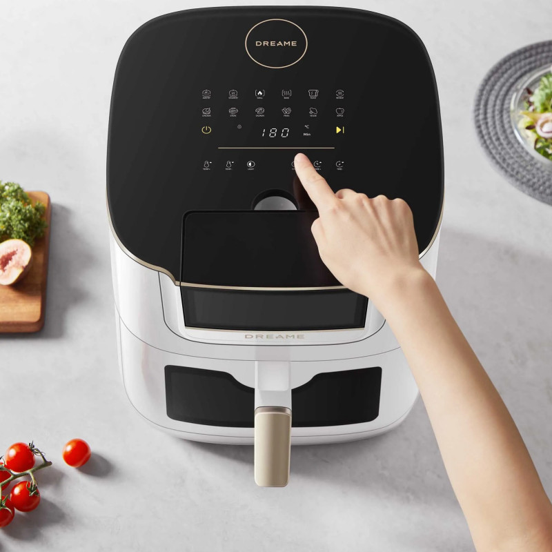 Фритюрник с горещ въздух Dreame AF30, 2300W, 7 л, 12 програми, 50-200°C, Dual-Source Cyclonic Heat, SmartSteam, LED, NTC, Бял