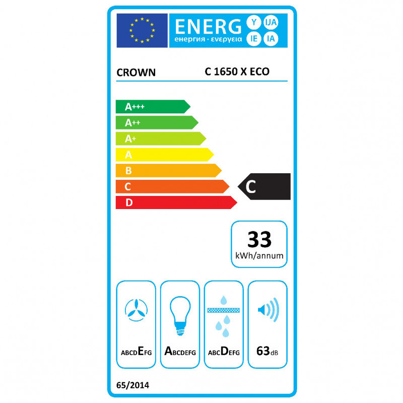 Абсорбатор за вграждане Crown C 1650 X ECO, 60 см, Клас C, 300 m3/h, 3 степени, Алуминиев филтър, Инокс