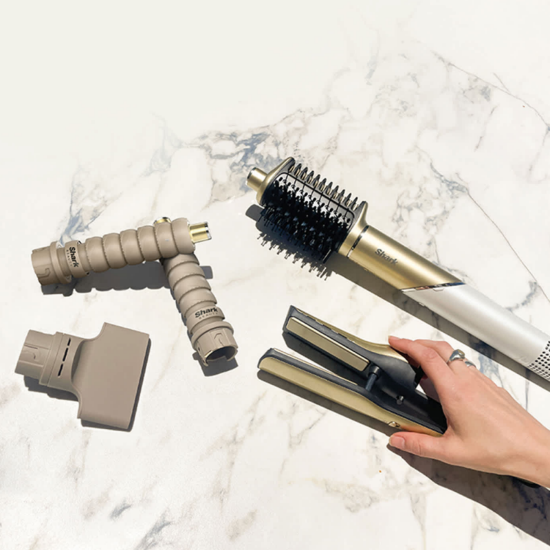 Маша за коса и сешоар 5в1 Shark Glam Multistyler HD6052SEU, 1500W, 3 скорости, 6 темп, 100-220°C, Керамични елементи, Йонизация, Автоматично навиване Coanda, Gloss Lock, Златист