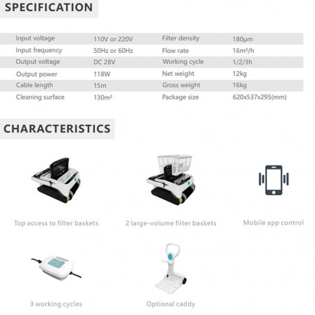 Робот за басейни Opson Pro, 118W, 130 м2, 10-35°C, 16 м3/ч, Жироскоп, 3 режима, Троен мотор, Бял/черен