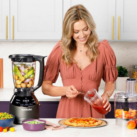Блендер 3в1 Nutribullet Triple Prep System NBF580B, 1500W, 1.8 л, 8 програми, 3 скорости, 8 програми, Разпознаване на приставки, Тъч управление, Черен/сив