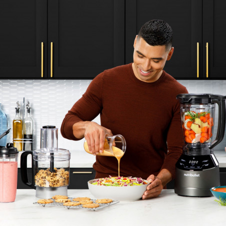 Блендер 3в1 Nutribullet Triple Prep System NBF580B, 1500W, 1.8 л, 8 програми, 3 скорости, 8 програми, Разпознаване на приставки, Тъч управление, Черен/сив