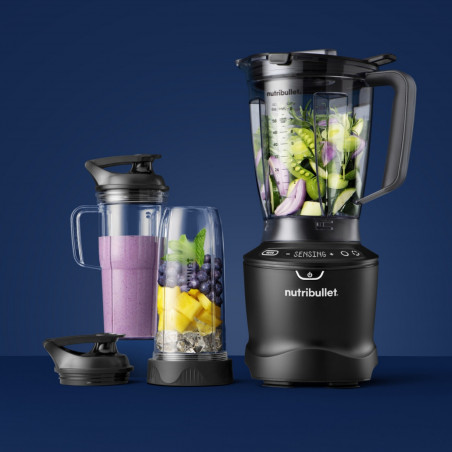 Блендер Nutribullet Smart Sense 1500 Combo NBF550DG, 1500W, 1.8 л, 5 скорости, Интелигентна адаптация на скорост, Без BPA, Черен/сив