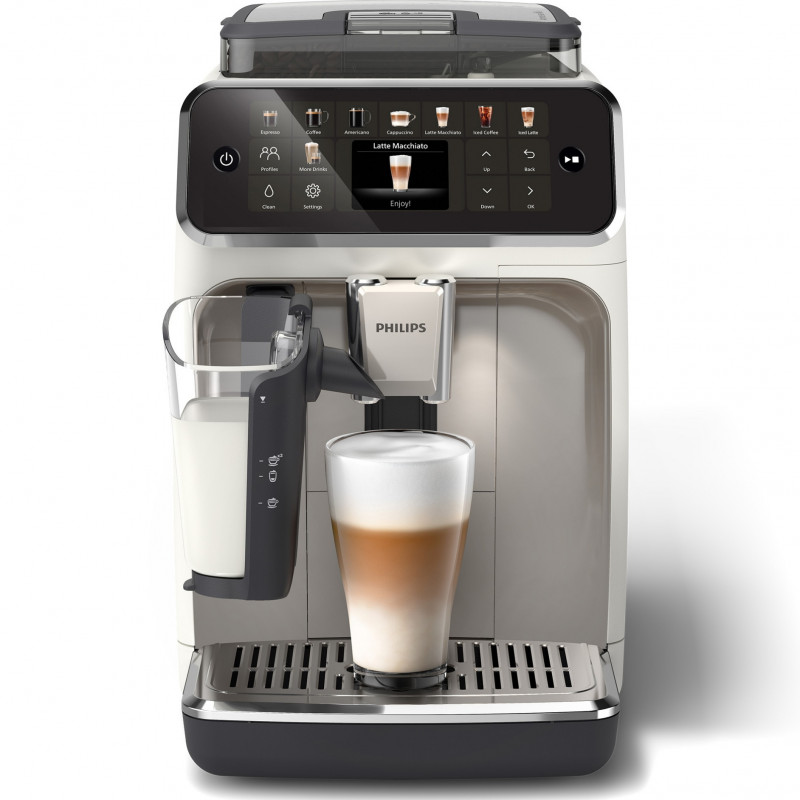 Кафеавтомат Philips LatteGo 5500 EP5543/90, 1500W, 15 bar, 1.8 л, 20 напитки, LatteGo, SilentBrew, QuickStart, Керамична мелачка, Сензорен екран, Бял хром