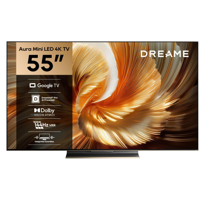 Телевизор Dreame Aura Mini LED 55S100, 55", 139 см, 3840х2160, 4K Ultra HD, QLED+, 144 Hz, Dreamind™ Pro AI, SMART, Черен
