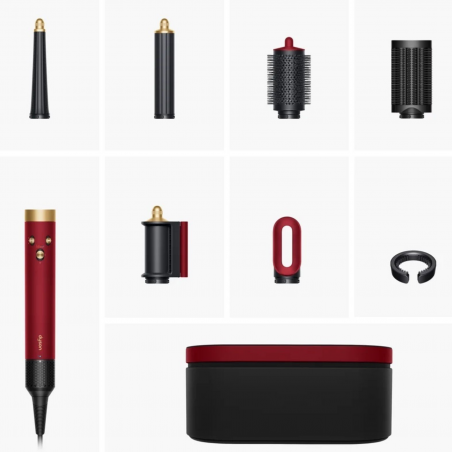 Маша за коса Dyson 596926-01 HS08 Airwrap i.d.™ T1/T2 RdVe/Gd Straight + Wavy, 1300W, 13.5 l/s, Автоматично къдрене, Йонизиране, 3 скорости, 3 температури, Bluetooth, Червено кадифе/златист