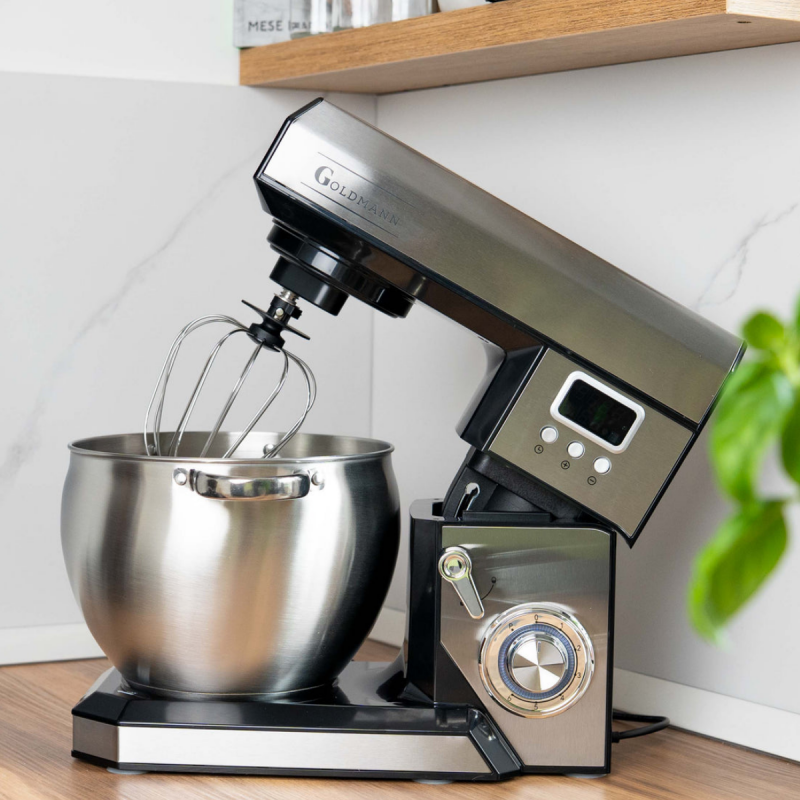 Планетарен миксер Goldmann GM-1115BD, 2200W, 8.5 л, 6 скорости + импулси, Таймер, Иноксова купа, LED, Инокс