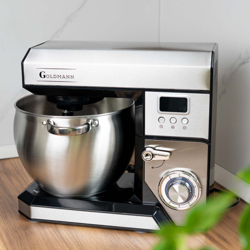 Планетарен миксер Goldmann GM-1115BD, 2200W, 8.5 л, 6 скорости + импулси, Таймер, Иноксова купа, LED, Инокс