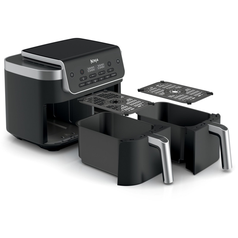 Двоен фритюрник с горещ въздух Ninja Foodi Dual Zone DZ801EU, 2470W, Независими зони за готвене, 7.6 л, 6 програми, 40-240C, Max Crisp, Sync, Сив/Инокс