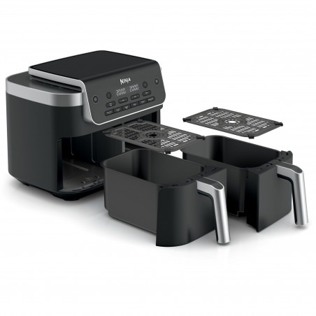 Двоен фритюрник с горещ въздух Ninja Foodi Dual Zone DZ801EU, 2470W, Независими зони за готвене, 7.6 л, 6 програми, 40-240C, Max Crisp, Sync, Сив/Инокс