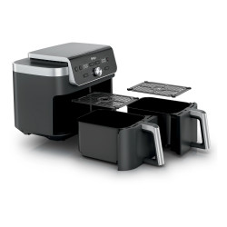 Двоен фритюрник с горещ въздух Ninja Foodi Dual Zone DZ901EU, 2470W, Независими зони за готвене, 9.5 л, 6 програми, 40-240C, Max Crisp, Sync, Сив/Инокс