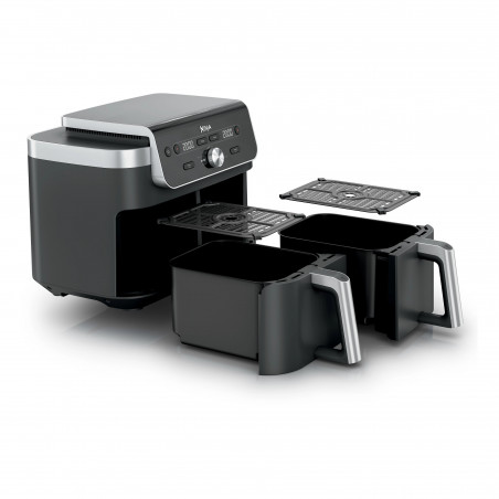 Двоен фритюрник с горещ въздух Ninja Foodi Dual Zone DZ901EU, 2470W, Независими зони за готвене, 9.5 л, 6 програми, 40-240C, Max Crisp, Sync, Сив/Инокс