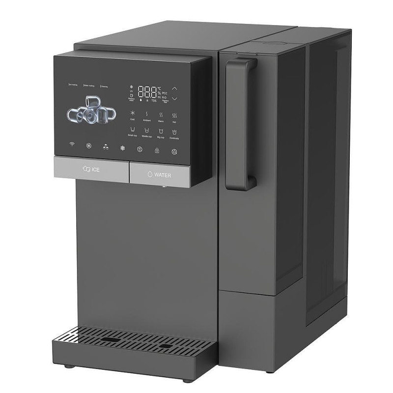 Диспенсър за вода с ледогенератор ELIXIR Ice, 2100W, Затопляне 18 л/ч, Охлаждане 2.5 л/ч, 4-90°C, 3 степенна филтрация, Тъчскрийн, UVC, Компресорен, Тъмносив