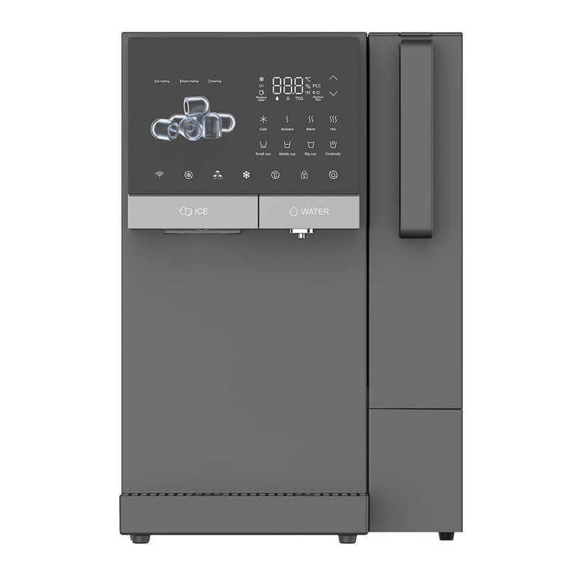 Диспенсър за вода с ледогенератор ELIXIR Ice, 2100W, Затопляне 18 л/ч, Охлаждане 2.5 л/ч, 4-90°C, 3 степенна филтрация, Тъчскрийн, UVC, Компресорен, Тъмносив