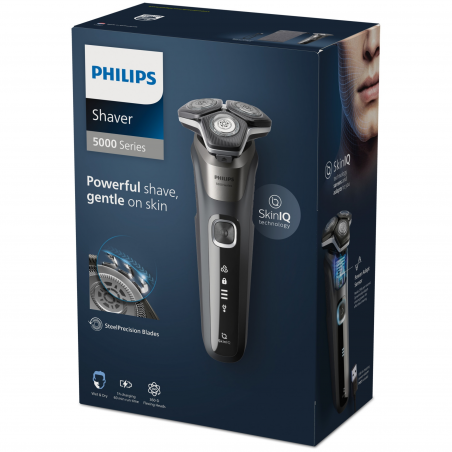 Електрическа самобръсначка Philips Shaver Series 5000 S5887/10, 9W, 60 мин, Мокро/сухо, Вграден тример, SkinIQ, PowerAdapt, 360° глави, Самонаточващи ножове, Карбоново сив