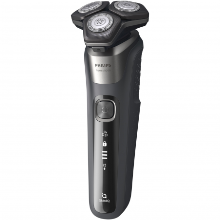 Електрическа самобръсначка Philips Shaver Series 5000 S5887/10, 9W, 60 мин, Мокро/сухо, Вграден тример, SkinIQ, PowerAdapt, 360° глави, Самонаточващи ножове, Карбоново сив