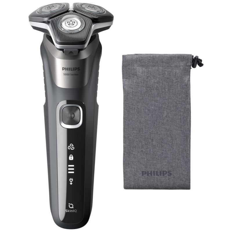 Електрическа самобръсначка Philips Shaver Series 5000 S5887/10, 9W, 60 мин, Мокро/сухо, Вграден тример, SkinIQ, PowerAdapt, 360° глави, Самонаточващи ножове, Карбоново сив