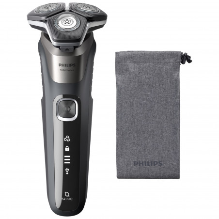 Електрическа самобръсначка Philips Shaver Series 5000 S5887/10, 9W, 60 мин, Мокро/сухо, Вграден тример, SkinIQ, PowerAdapt, 360° глави, Самонаточващи ножове, Карбоново сив