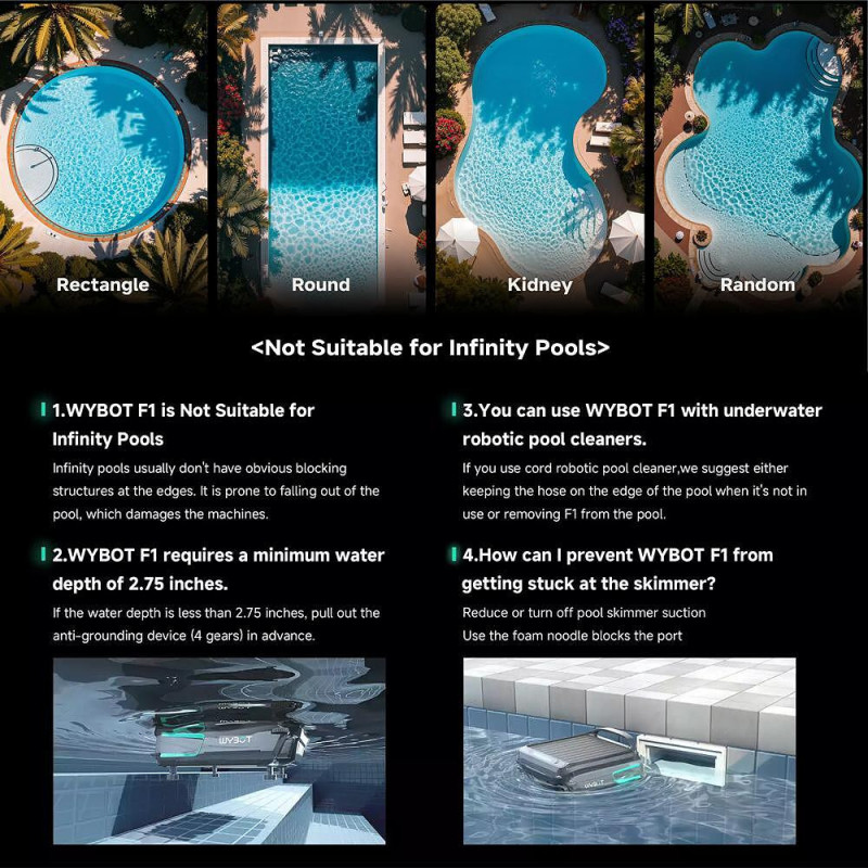 Скимер за почистване на повърхността на водата на басейни Wybot F1, Соларно / DC зареждане, До 8 ч, 7 л, Мобилно приложение, Черен