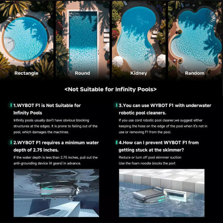 Скимер за почистване на повърхността на водата на басейни Wybot F1, Соларно / DC зареждане, До 8 ч, 7 л, Мобилно приложение, Черен
