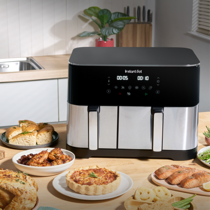 Двоен фритюрник с горещ въздух 8в1 Instant Pot Vortex DUAL SPLIT, 2600W, 11 л, 205°C, EvenCrisp, Синхронизирано готвене, Сензорно управление, Черен/инокс