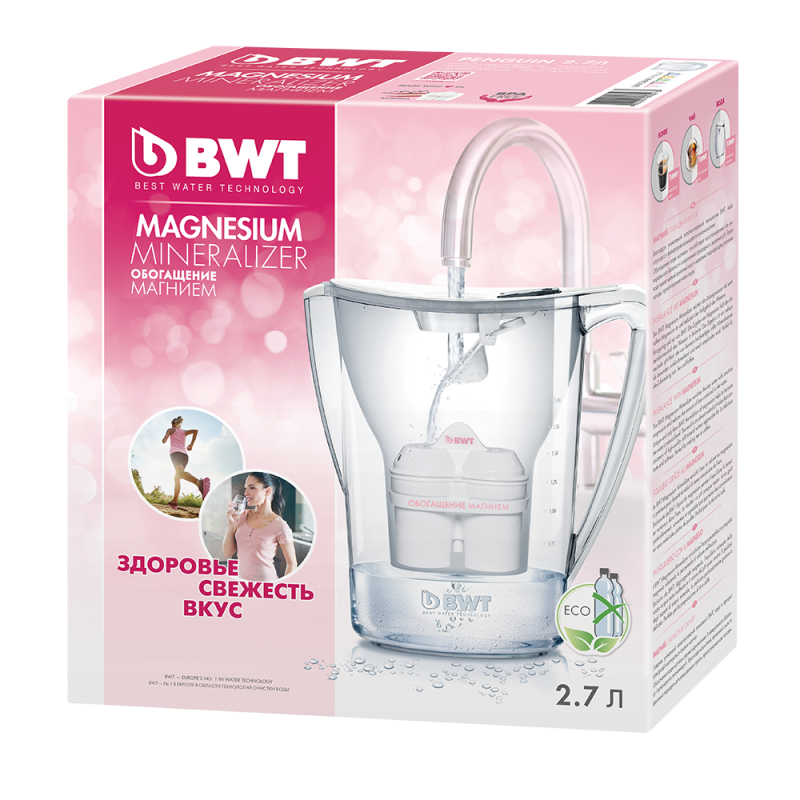Кана за филтриране на вода Nitec BWT В706 PENGUIN, 2.7 л, Обогатяване с магнезий, Електронен индикатор, Розов