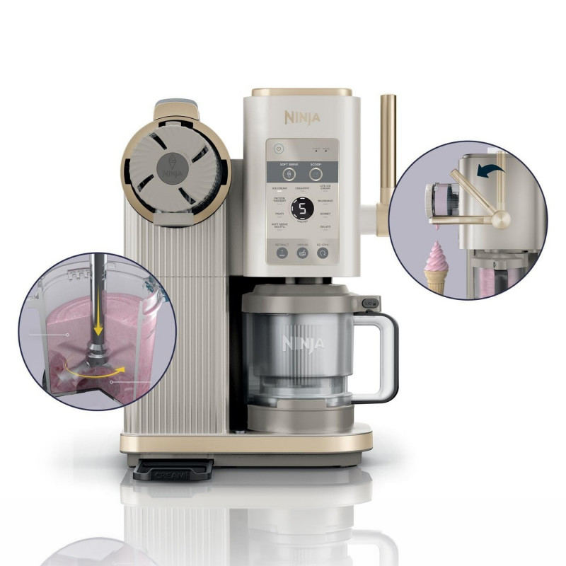 Машина за сладолед 13-в-1 Ninja CREAMi Scoop & Swirl™ NC701EUSTGD, 800W, 13 програми, 3-степенен лост за фунийки, CreamiFit, Creamify, 2 купички 473 мл, Персонализация, Кремав/златист