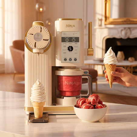 Машина за сладолед 13-в-1 Ninja CREAMi Scoop & Swirl™ NC701EUSTGD, 800W, 13 програми, 3-степенен лост за фунийки, CreamiFit, Creamify, 2 купички 473 мл, Персонализация, Кремав/златист