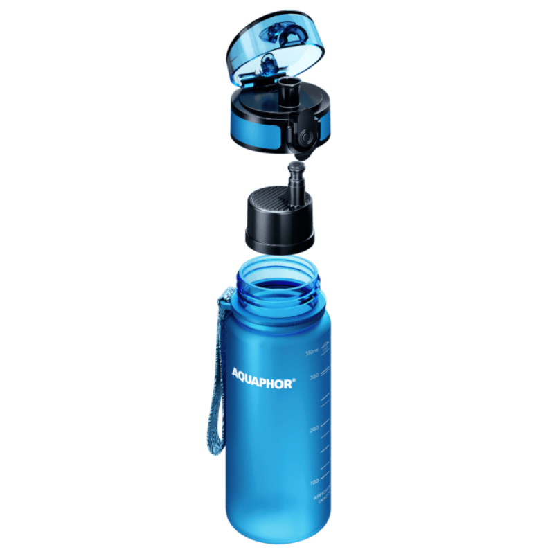 Филтрираща бутилка за вода Aquaphor City 160026, 350 мл, Тритан, Активен въглен, Aqualen, Заключващ се капак, Син