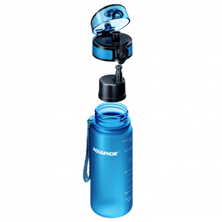 Филтрираща бутилка за вода Aquaphor City 160026, 350 мл, Тритан, Активен въглен, Aqualen, Заключващ се капак, Син