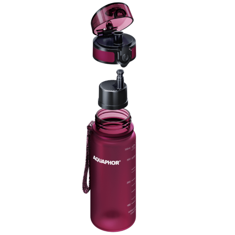 Филтрираща бутилка за вода Aquaphor City 160028, 350 мл, Тритан, Активен въглен, Aqualen, Заключващ се капак, Вишнев