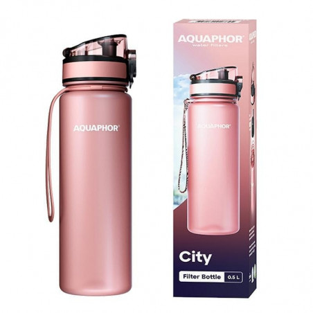 Филтрираща бутилка за вода Aquaphor City 160041, 500 мл, Тритан, Активен въглен, Aqualen, Заключващ се капак, Пудрено розов