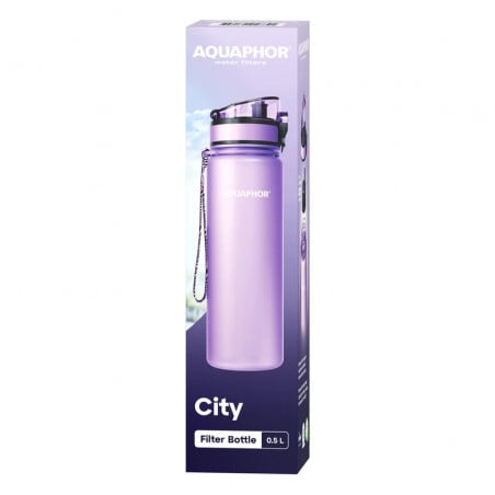 Филтрираща бутилка за вода Aquaphor City 160042, 500 мл, Тритан, Активен въглен, Aqualen, Заключващ се капак, Лавандула
