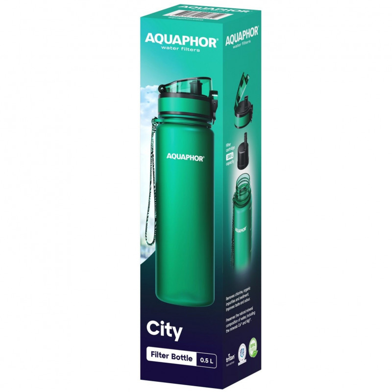 Филтрираща бутилка за вода Aquaphor City 160045, 500 мл, Тритан, Активен въглен, Aqualen, Заключващ се капак, Тъмнозелен