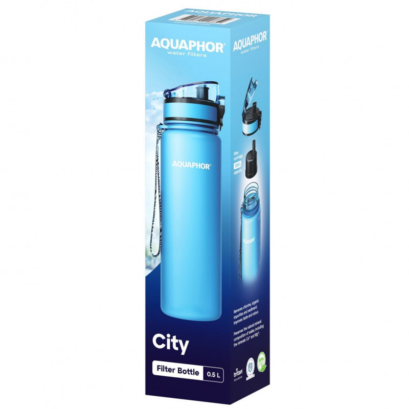 Филтрираща бутилка за вода Aquaphor City 160046, 500 мл, Тритан, Активен въглен, Aqualen, Заключващ се капак, Ледниково синьо