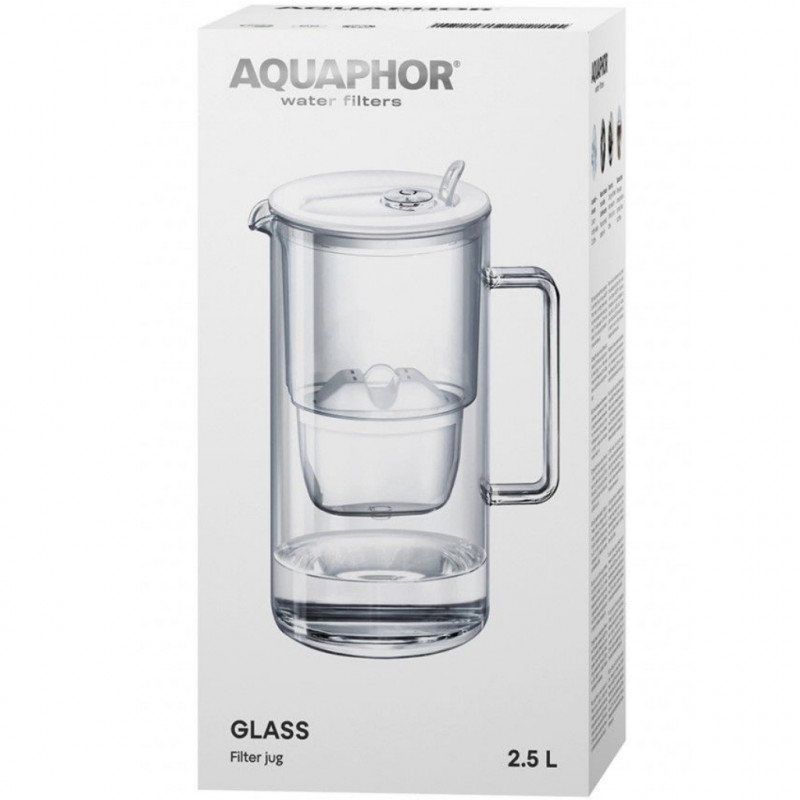 Кана за филтриране на вода Aquaphor Glass 120021, 2.5 л, Стъкло, Брояч, Филтър с магнезий, Бял