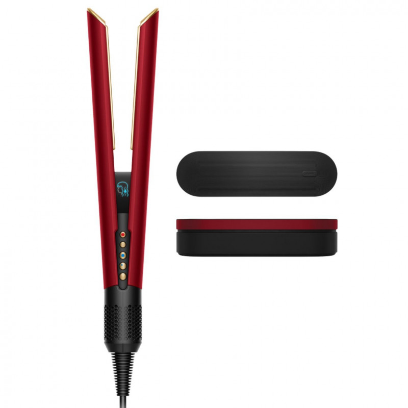 Преса за коса Dyson HT01 Airstrait RdVe/Gd 596931-01, 1600W, Маx 140C, Йонизация, 6 нива на темп, Щадяща косата, Медно покритие, LCD дисплей, Червено кадифе/златист