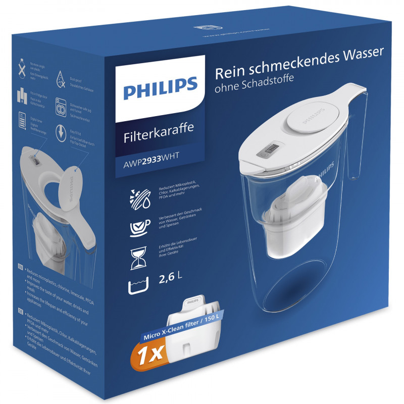 Филтрираща кана за вода Philips AWP2933WHT/58, 2.6 л, Дигитален таймер, Micro X-Clean, Бял