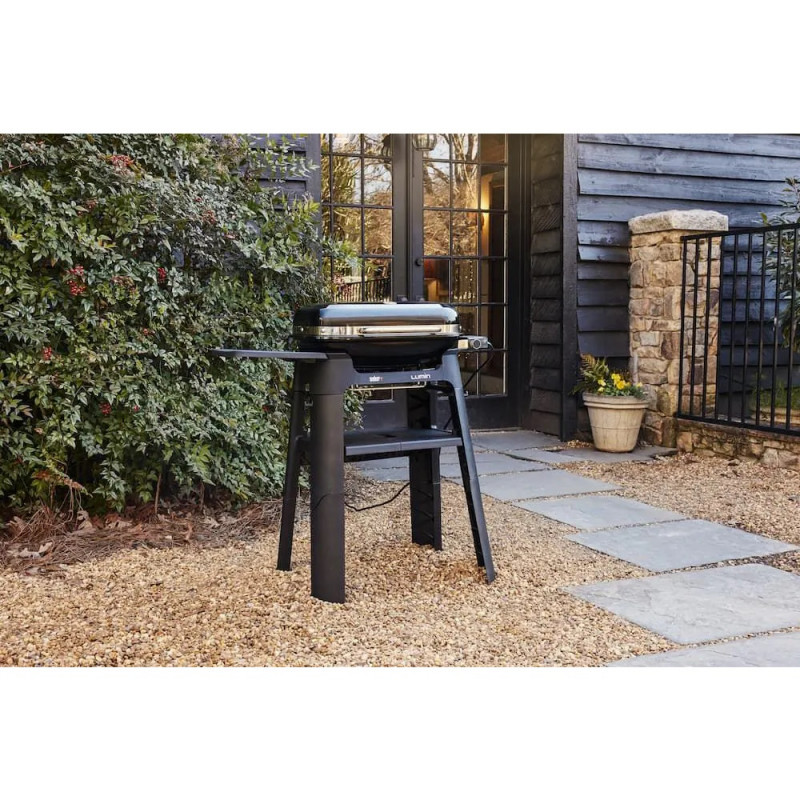 Електрическо барбекю със стойка Weber Lumin WB92010879DL, 2200 W, Сгъваема стойка, 315C, Емайлирани с порцелан чугунени скари, Страничен рафт, Черен
