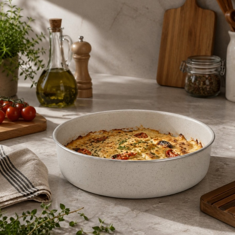 Тава за печене Oliver Voltz OV51222E30, 30x8 см, Алуминий, Мраморно покритие, Без PFOA, Кремав меланж