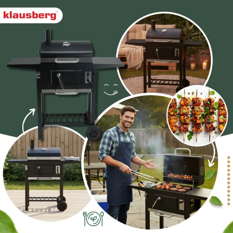 Барбекю на дървени въглища Klausberg KB 9034, Комин, Регулируема вентилация, Чекмедже за пепел, Термометър, Колелца, Стомана, Черен